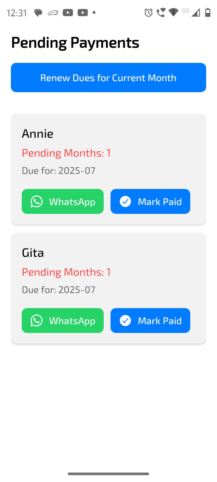 Dues & Payments Screenshot